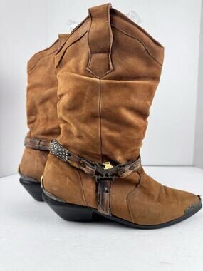 Maine Woods Brown Leather Eagle Harness Boots Feather Band 9.5 Womens Read